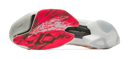 Marathon racing shoe sole view: white upper with red insert and carbon-style heel plate