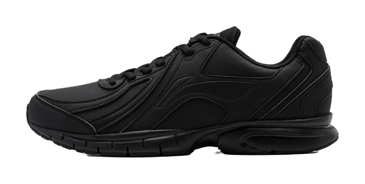 Black lightweight casual running shoe with lace-up synthetic upper and cushioned sole