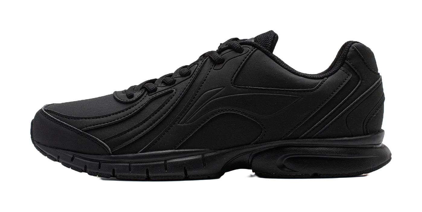 Black lightweight casual running shoe with lace-up synthetic upper and cushioned sole