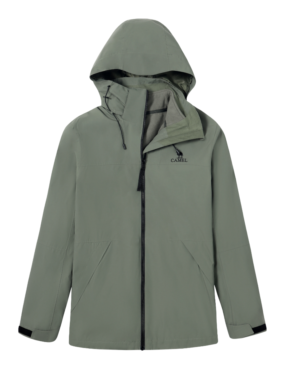Olive green hooded windbreaker jacket with full-length zip and adjustable hood.