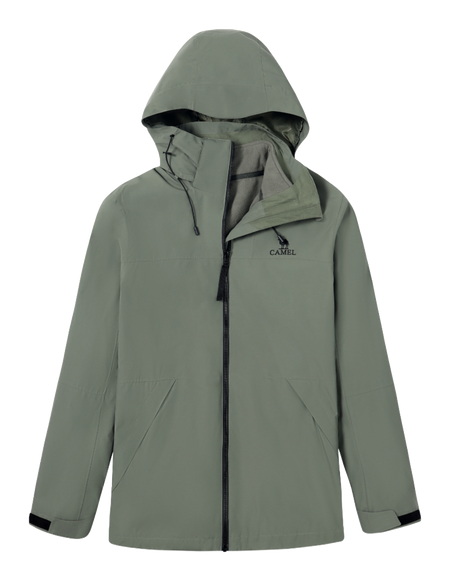Olive green hooded windbreaker jacket with full-length zip and adjustable hood.