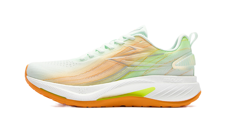 Men's low-top running shoes, light blue knit with orange gradient and mint laces
