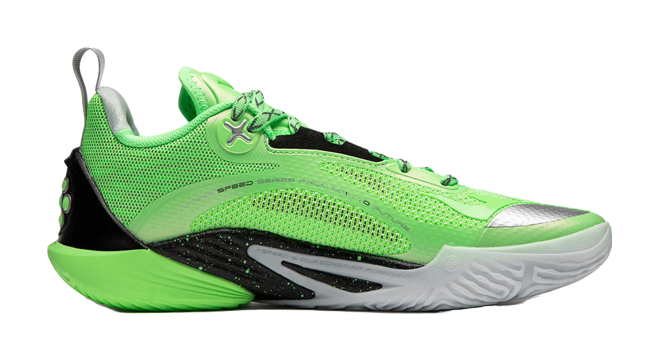 Green basketball sneaker with black side panel, lace-up closure, and white midsole