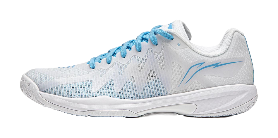 White and blue table tennis shoes with mesh upper and blue laces