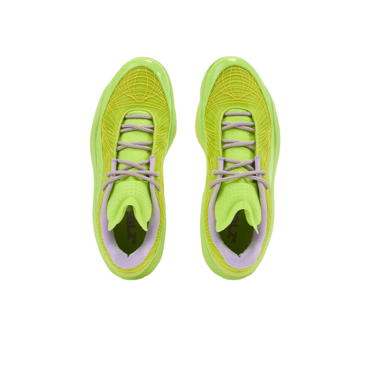 Neon green lace-up sneaker front view with light purple lining