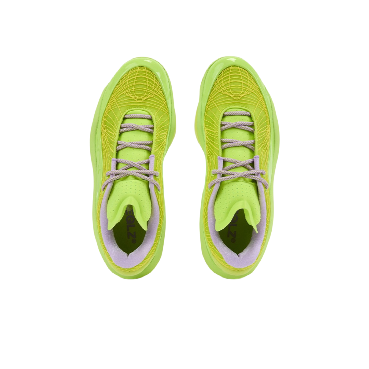 Neon green lace-up sneaker front view with light purple lining