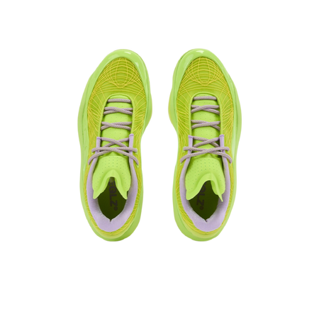 Neon green lace-up sneaker front view with light purple lining