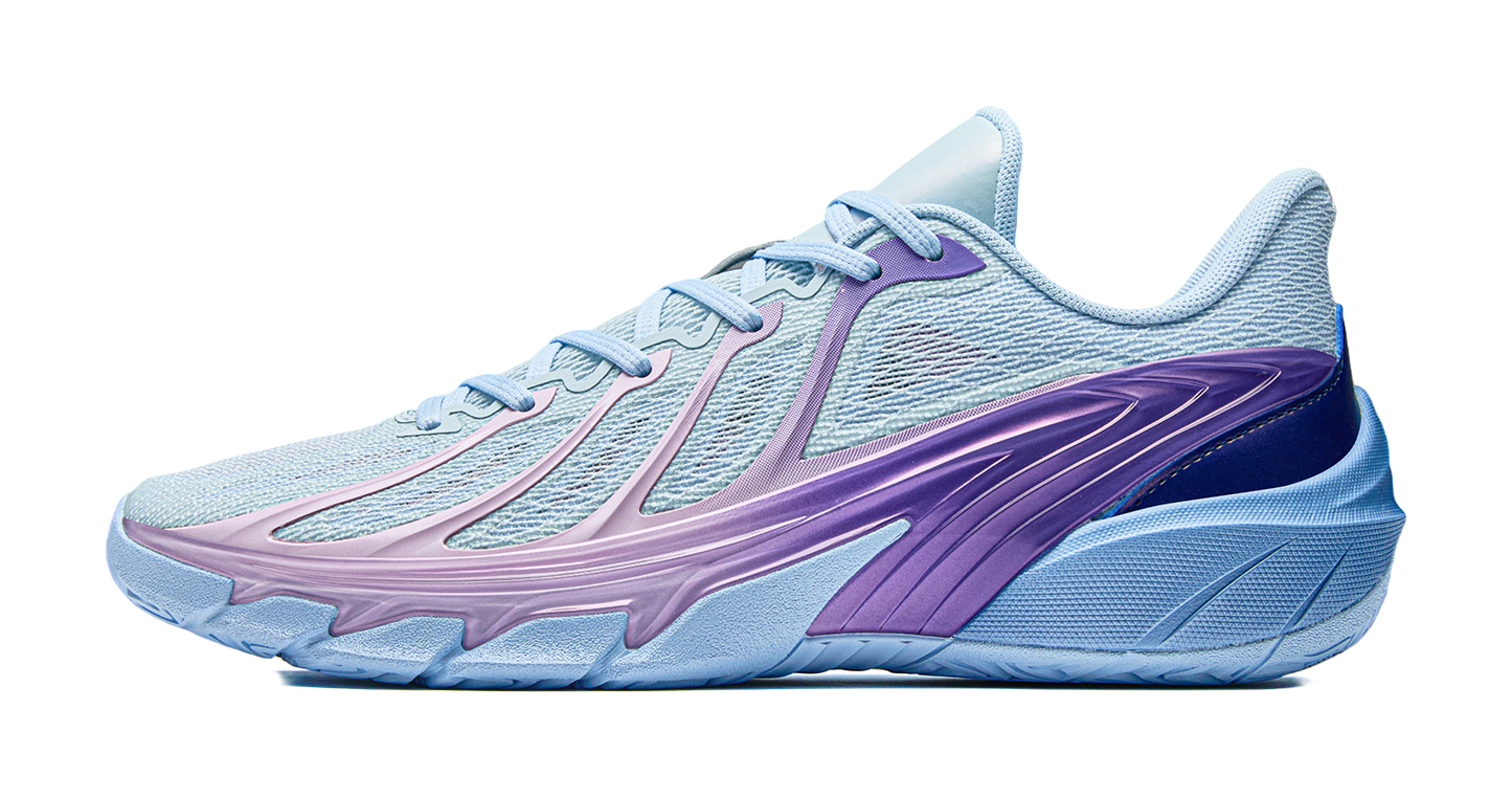 Anta men's low-top basketball shoes in light blue with purple side panel