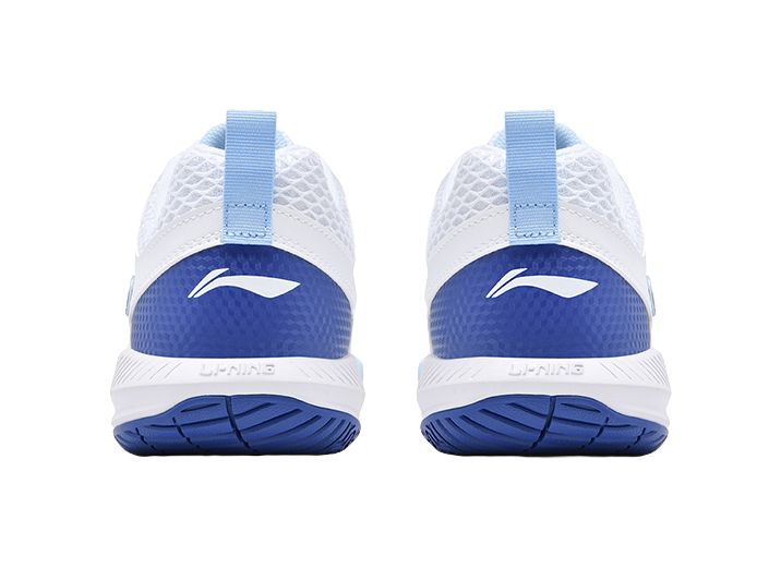 White and blue badminton shoe heel pair with padded backs and blue outsole