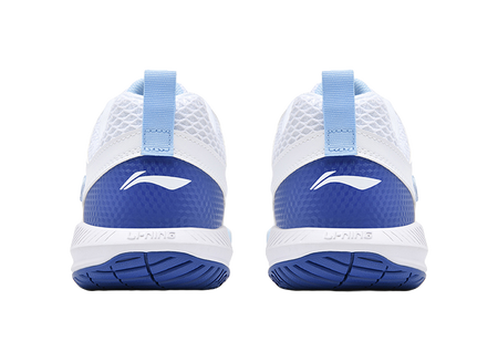 White and blue badminton shoe heel pair with padded backs and blue outsole