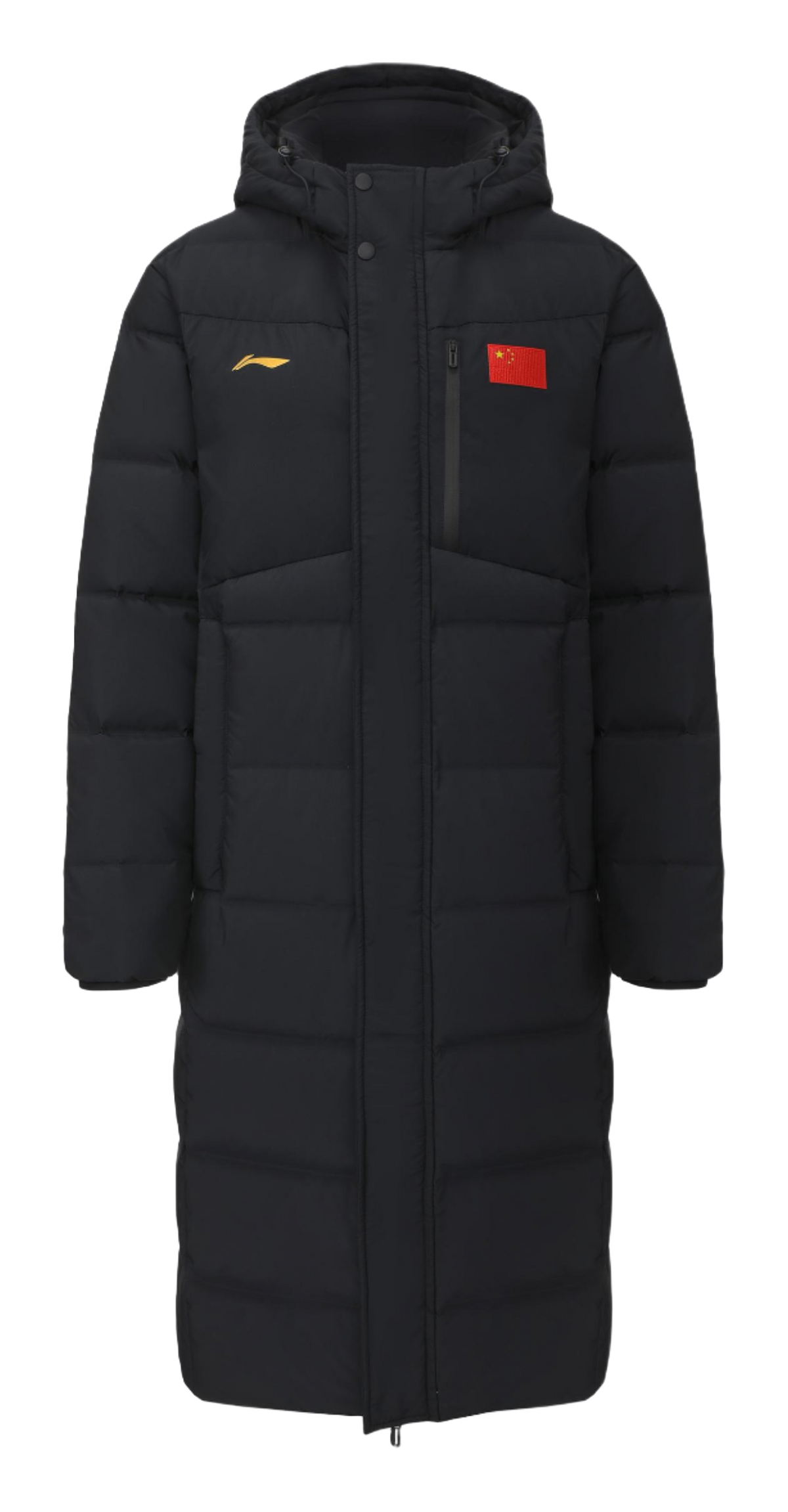 Black long down jacket with hood, front zip, and side pockets