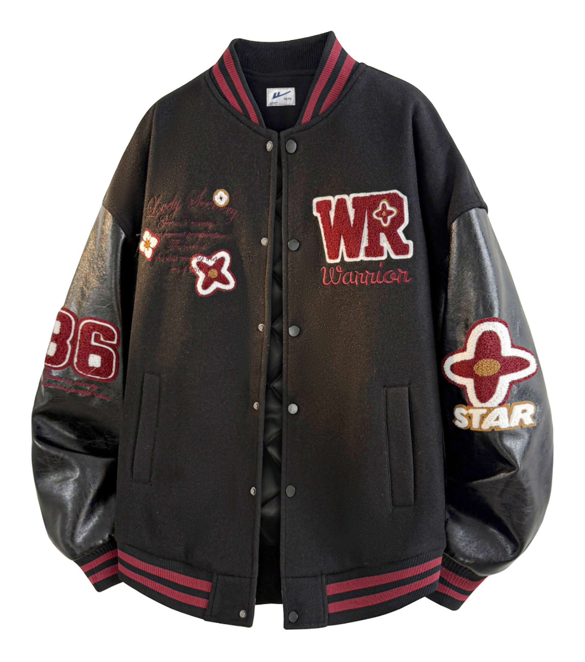 Warrior American Heavy duty Retro Towel Embroidered Logo Contrast Splicing Leather Personalized Design Trendy Versatile Loose Casual Campus Style Couple Windproof Thick Long Sleeve Jacket Autumn/Winter Cotton Jacket Baseball Jacket Unisex  VJSNEAKER