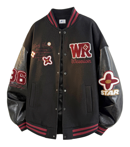 Warrior American Heavy duty Retro Towel Embroidered Logo Contrast Splicing Leather Personalized Design Trendy Versatile Loose Casual Campus Style Couple Windproof Thick Long Sleeve Jacket Autumn/Winter Cotton Jacket Baseball Jacket Unisex  VJSNEAKER