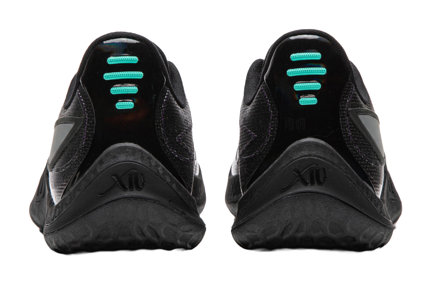 Men's black basketball shoe heel view with X10 logo and teal tread accents