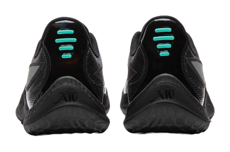 Men's black basketball shoe heel view with X10 logo and teal tread accents