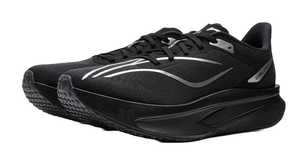 Li-Ning Feidian 6 running shoe, black knit upper with white swoosh, side view.