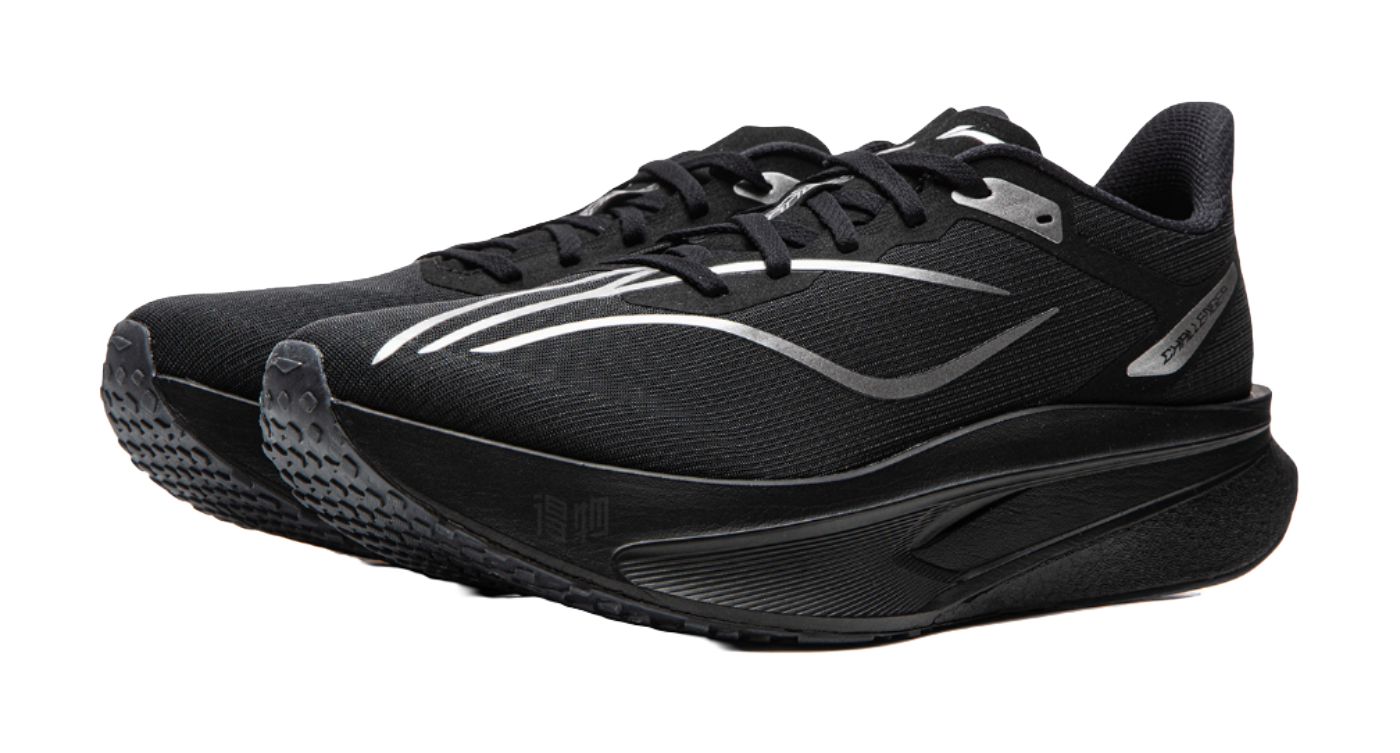 Li-Ning Feidian 6 running shoe, black knit upper with white swoosh, side view.