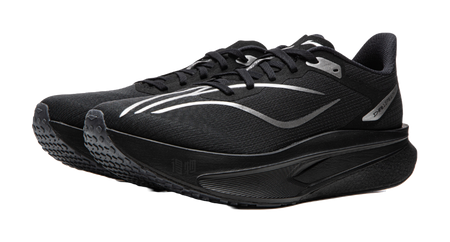 Li-Ning Feidian 6 running shoe, black knit upper with white swoosh, side view.