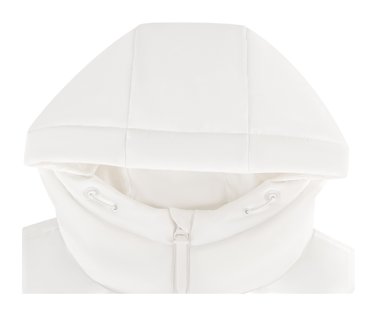 Ivory hooded puffer down jacket close-up of front zipper and drawcord