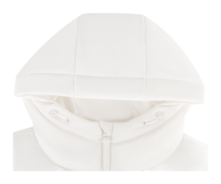 Ivory hooded puffer down jacket close-up of front zipper and drawcord