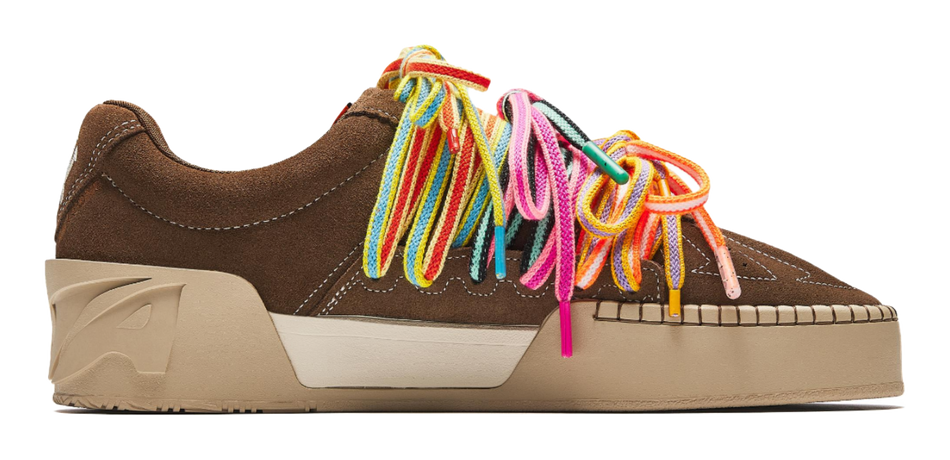 Brown low-top sneaker side view with colorful laces and cream wedge midsole