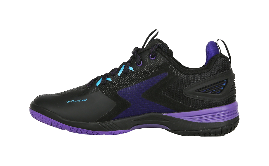 Black and purple badminton shoe with breathable mesh upper and lace-up design.