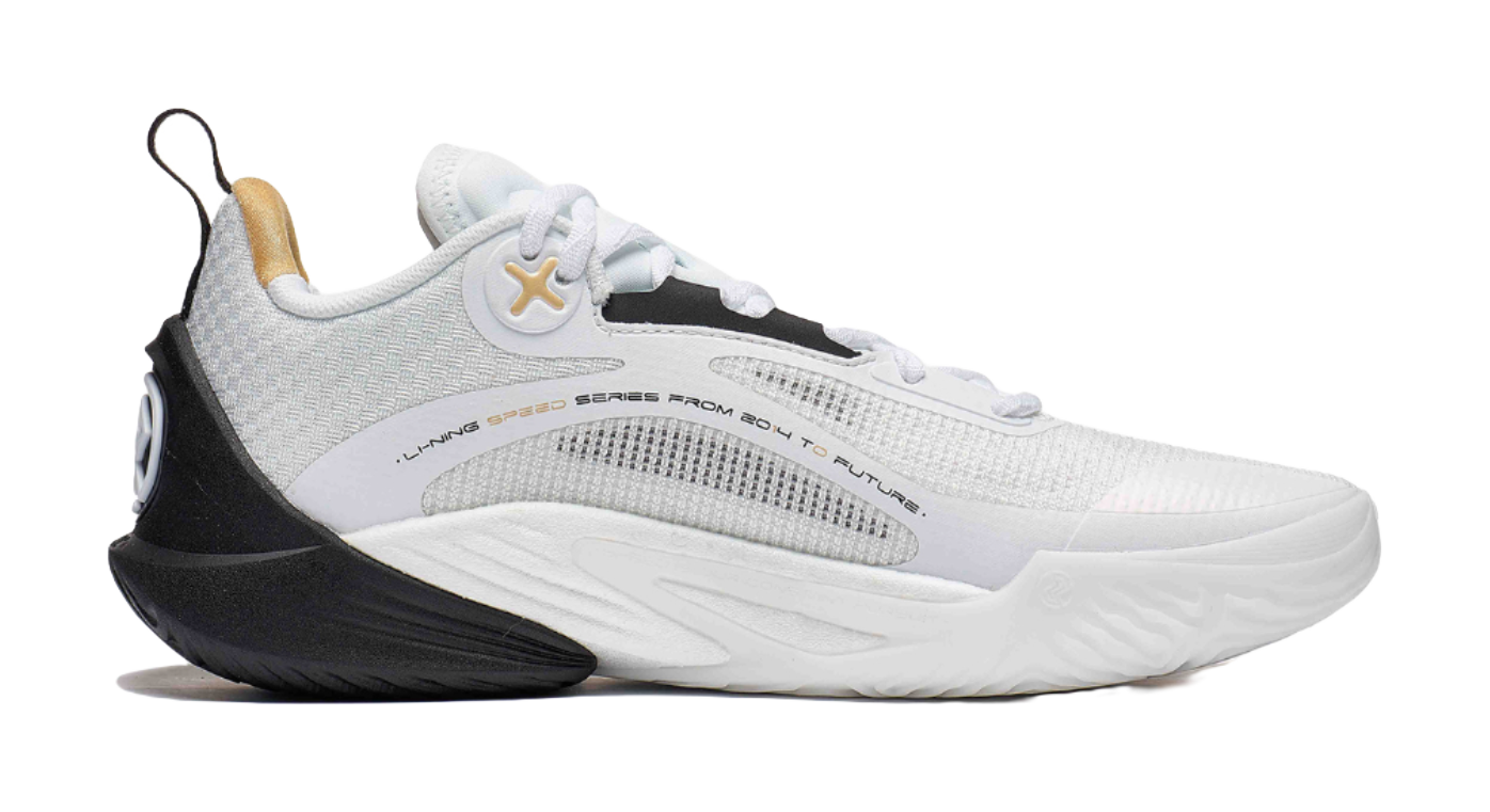 White and black basketball shoe with gray detailing, lace-up knit upper and black sole