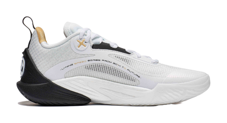 White and black basketball shoe with gray detailing, lace-up knit upper and black sole