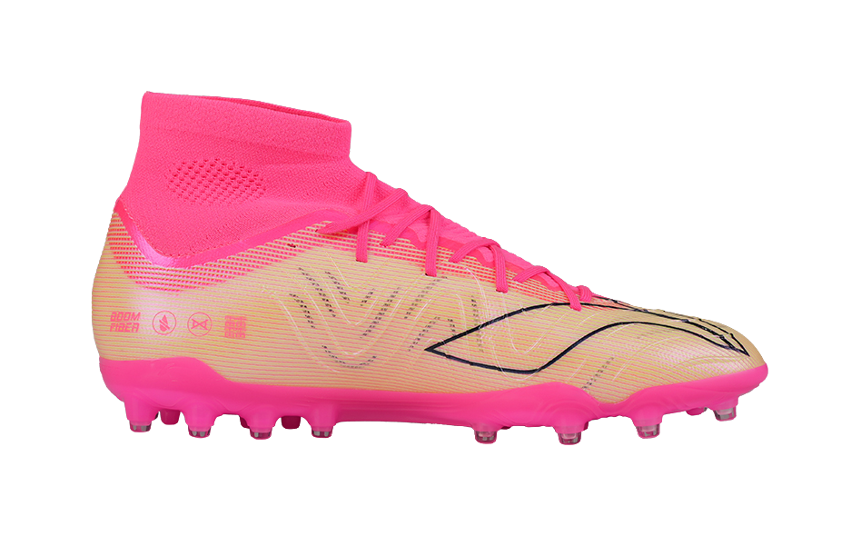 High-top soccer cleat in pink and beige with black logo stripe and pink stud sole