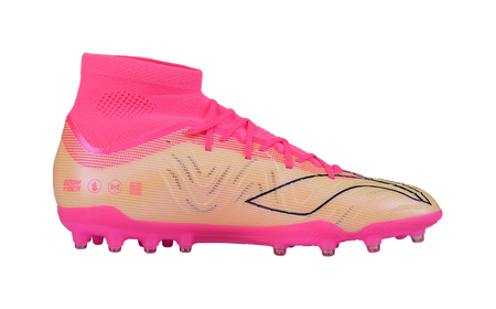 High-top soccer cleat in pink and beige with black logo stripe and pink stud sole