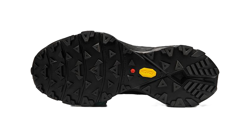 Black rubber outsole for trail running shoe with deep traction lugs