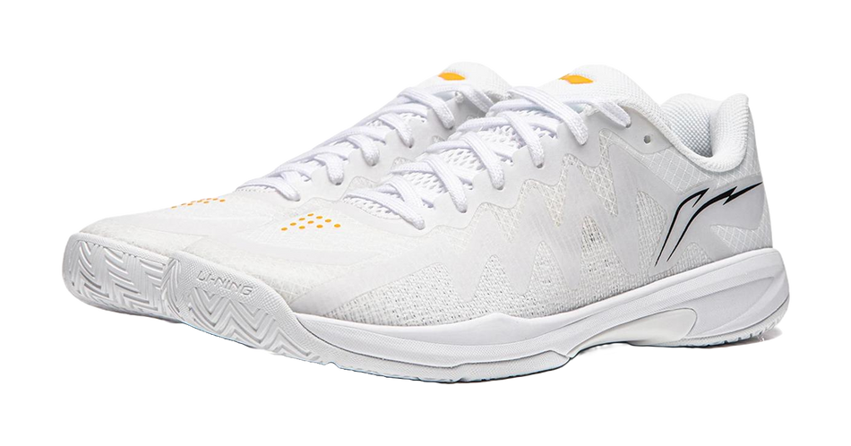 White unisex table tennis shoe with low-profile sole and mesh upper
