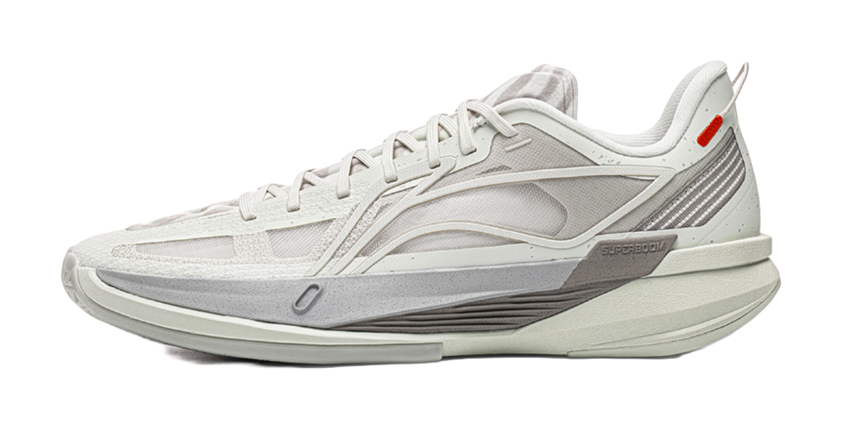 Li-Ning low-top basketball shoe in light gray and white, lace-up