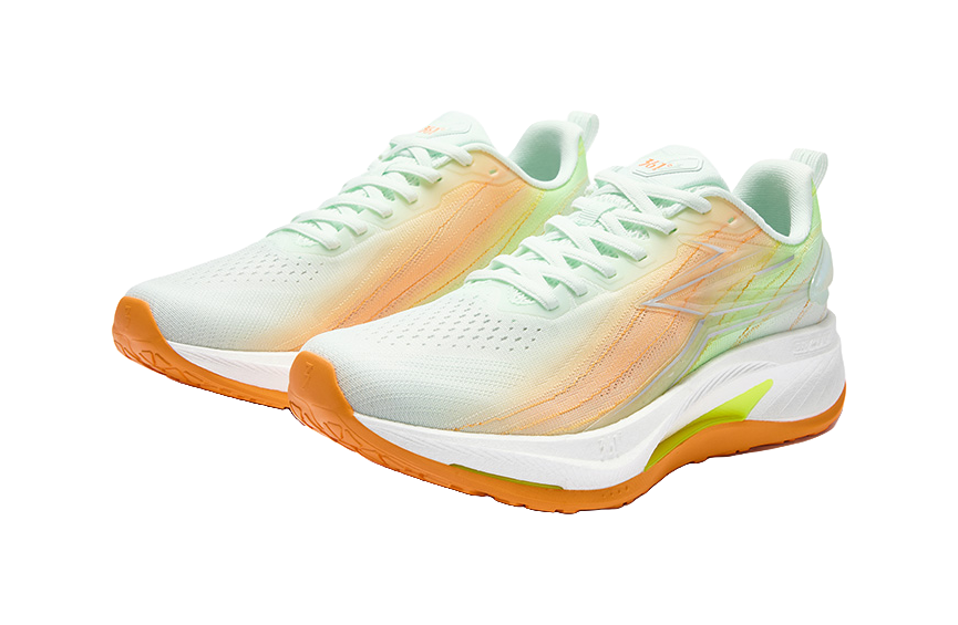 Men's running shoes, white knit with orange gradient panels and mint collar