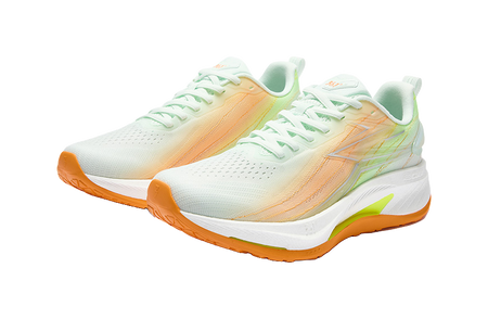 Men's running shoes, white knit with orange gradient panels and mint collar