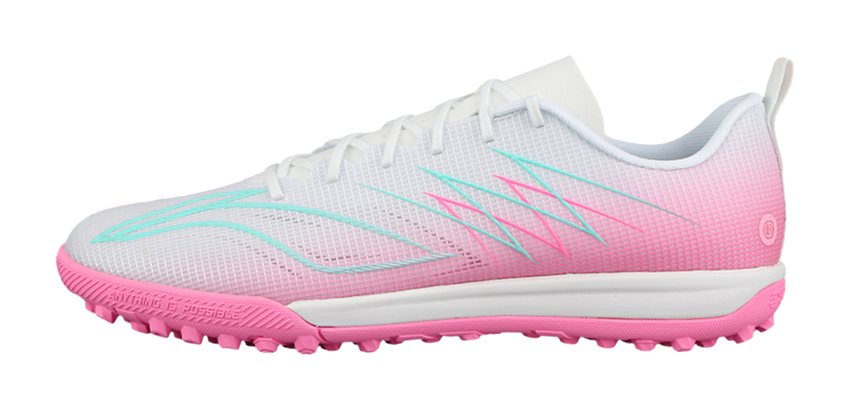 Unisex soccer cleats, fluorescent pink with white upper and pink studs, side view