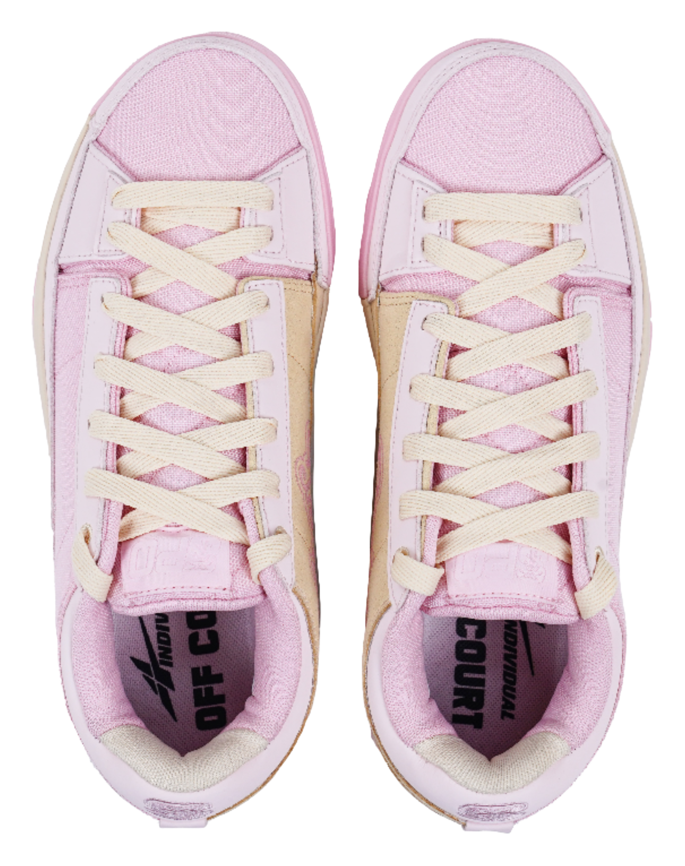 Pink canvas sneakers with cream laces and printed tongue lining