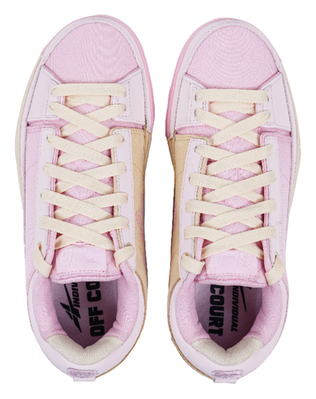 Pink canvas sneakers with cream laces and printed tongue lining
