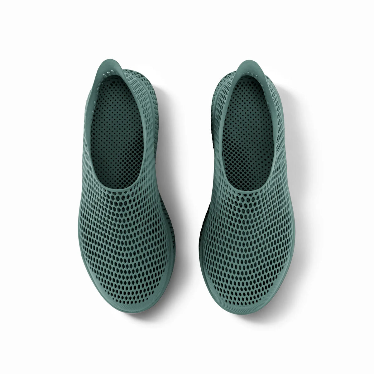 Green 3D-printed slip-on sneakers back view with perforated heel and mesh upper