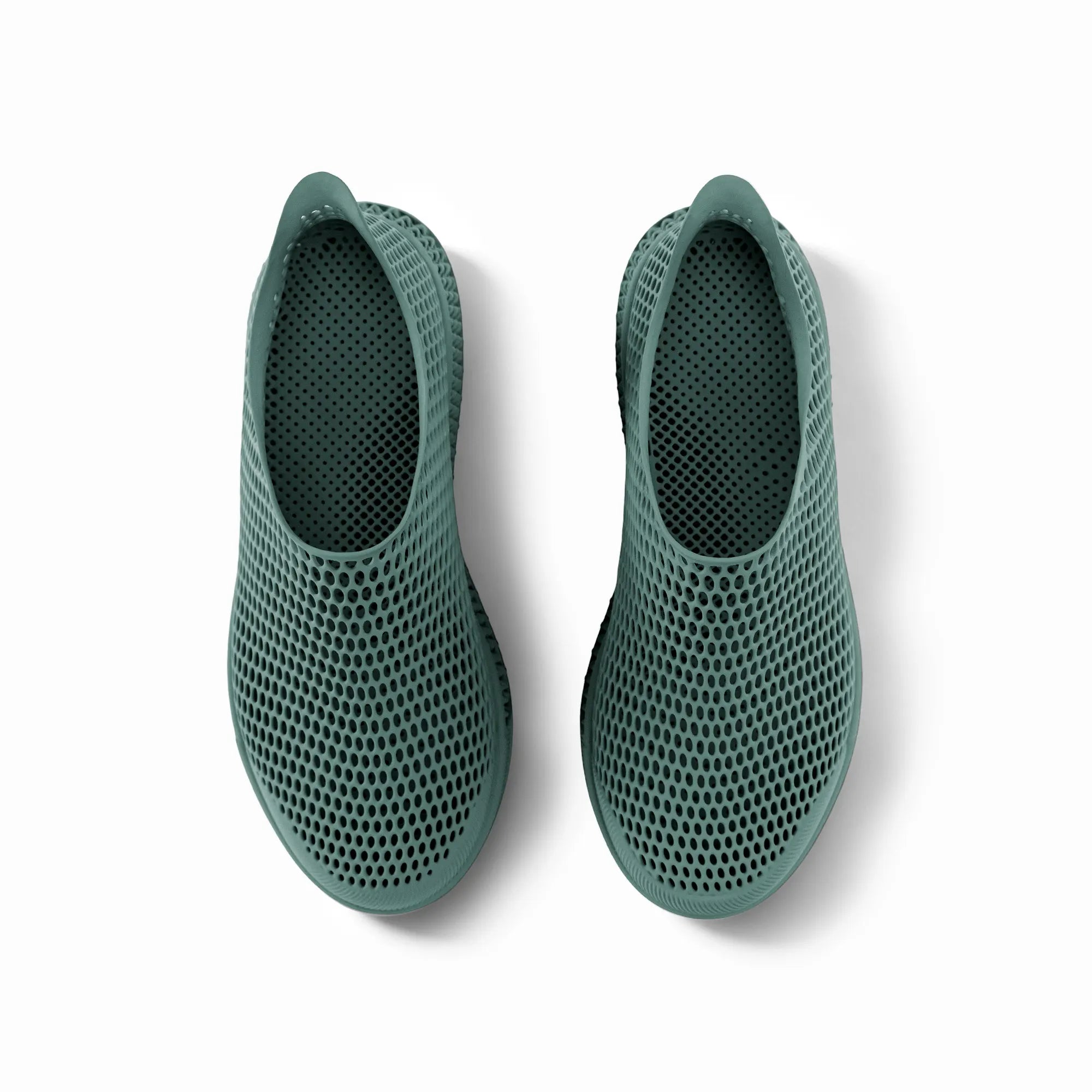 Green 3D-printed slip-on sneakers back view with perforated heel and mesh upper