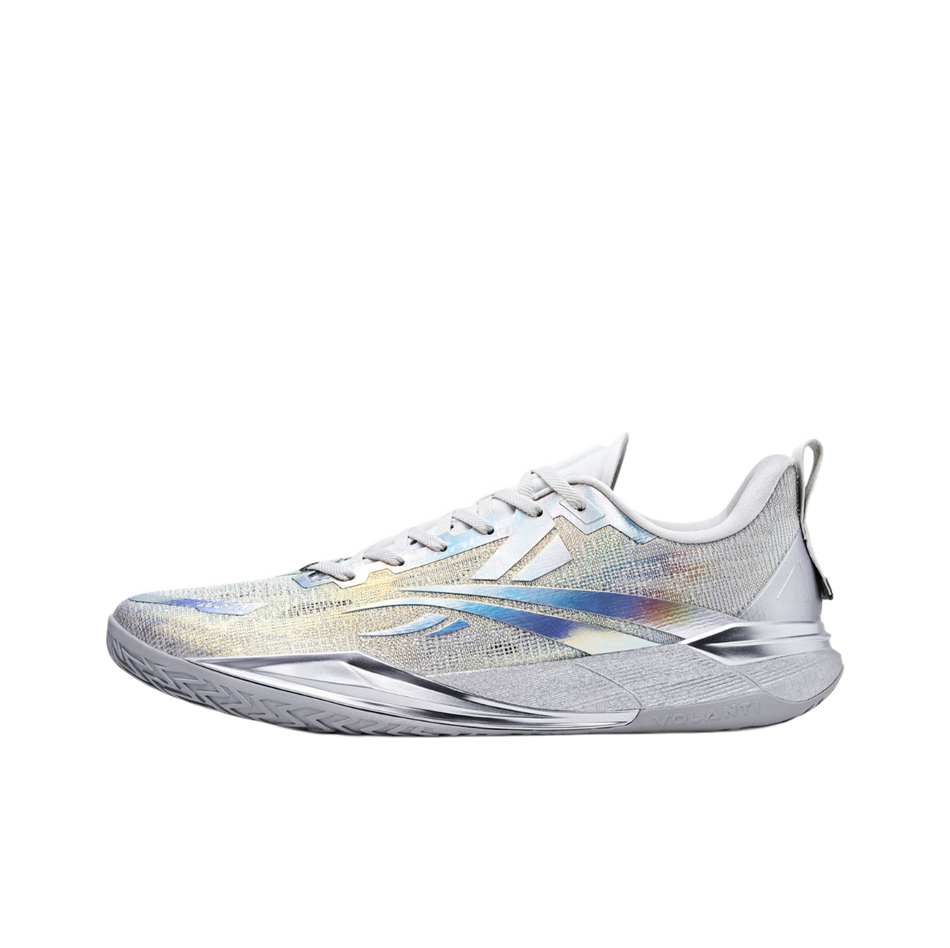 Unisex silver low-top basketball shoe with lace-up vamp and blue-gold gradient side
