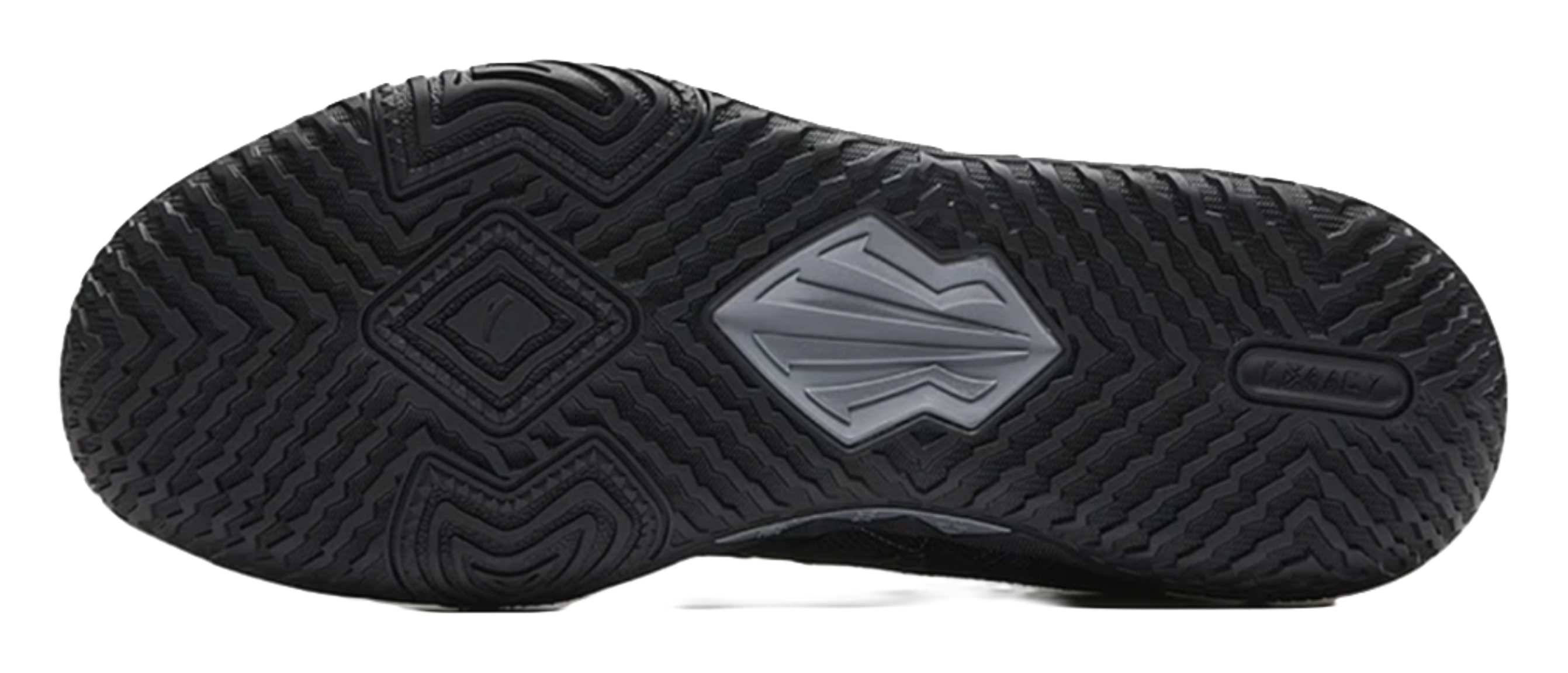 Black basketball shoe outsole with deep traction tread and logo center