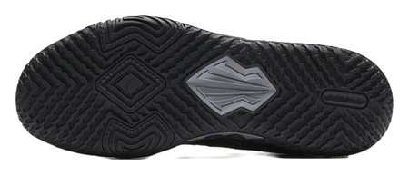 Black basketball shoe outsole with deep traction tread and logo center