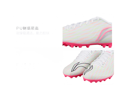 Youth multi-ground soccer shoes with white laces, multicolor grid uppers, pink studs