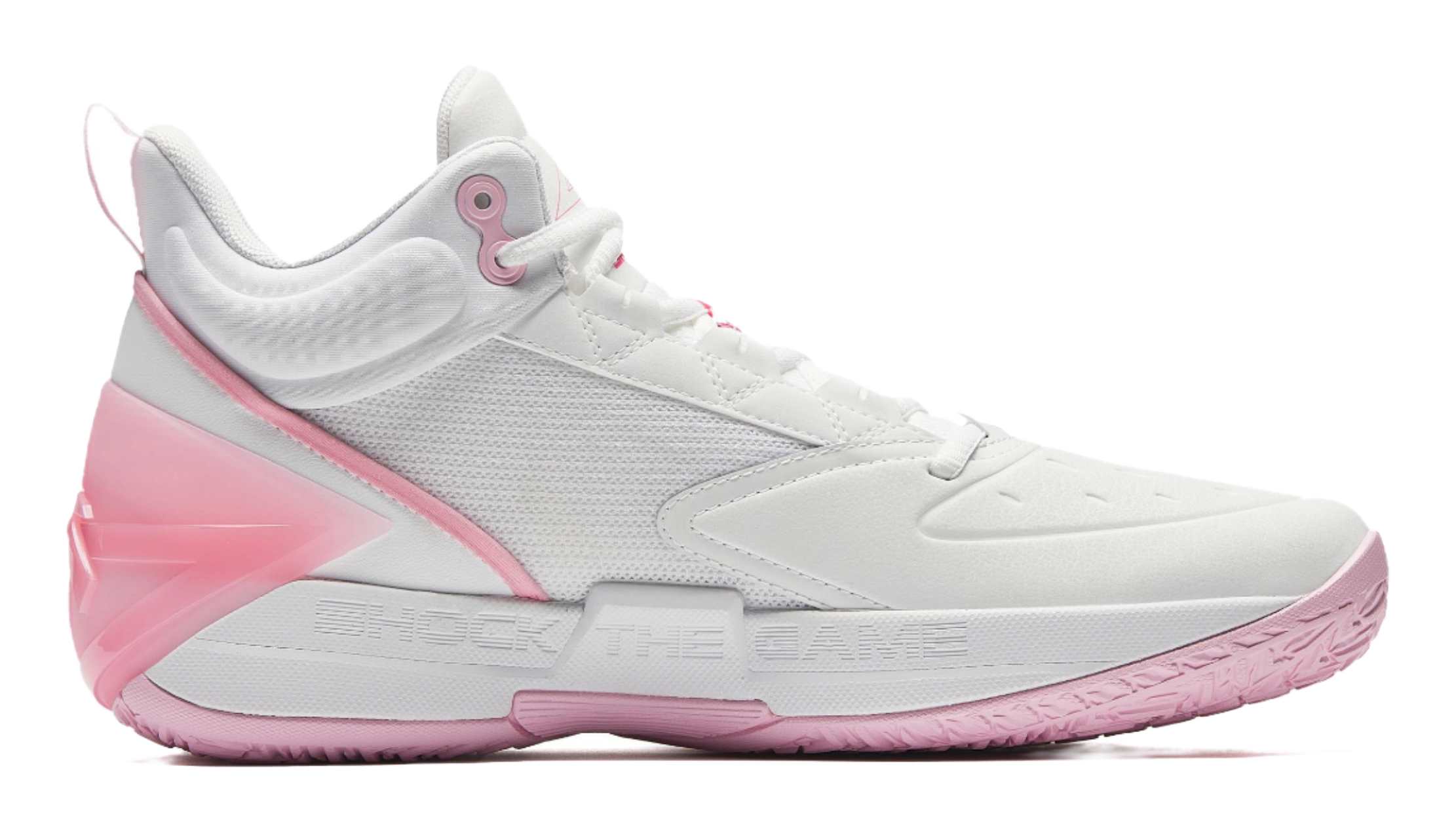 White and pink high-top basketball shoes, side view with pink panel accents