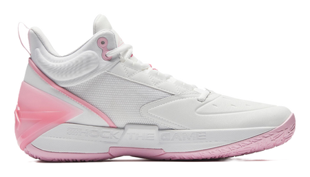 White and pink high-top basketball shoes, side view with pink panel accents