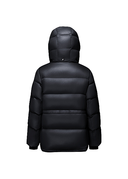 Black hooded puffer winter down jacket with quilted panels and button closure