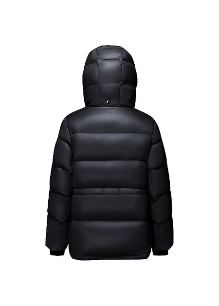 Black hooded puffer winter down jacket with quilted panels and button closure