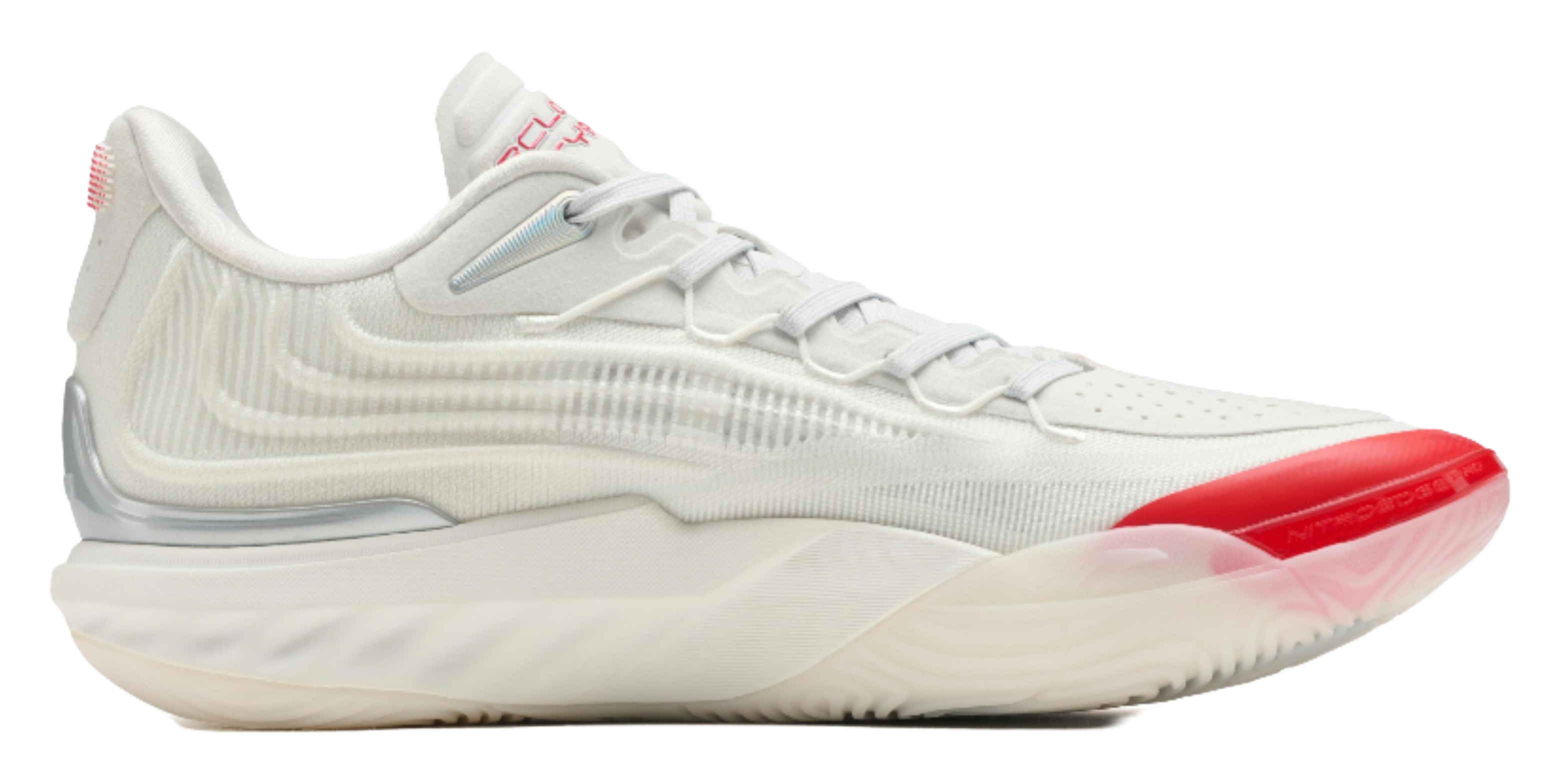 Unisex basketball shoe, side view with white knit upper and red outsole