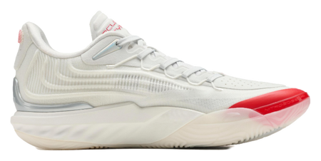 Unisex basketball shoe, side view with white knit upper and red outsole